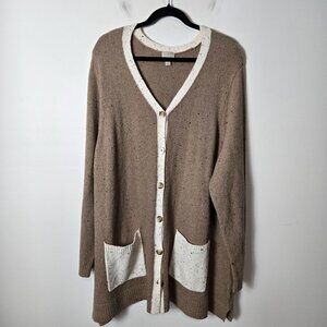 LOGO by Lori Goldstein Size 2X Tan Color Blocked Speckled  Button Front Cardigan
